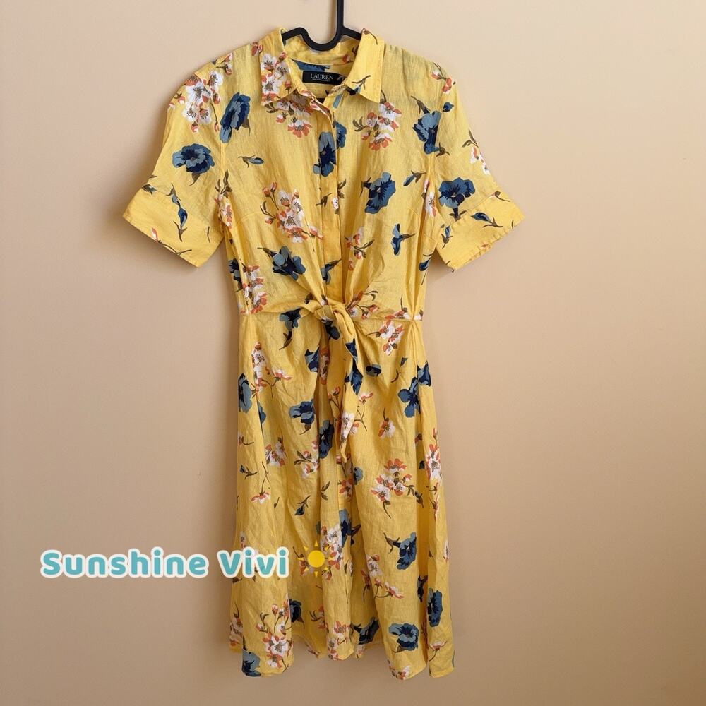 NWT Polo Ralph Lauren Floral Woman Linen A-Line Dress Yellow Short Sleeve Size 4